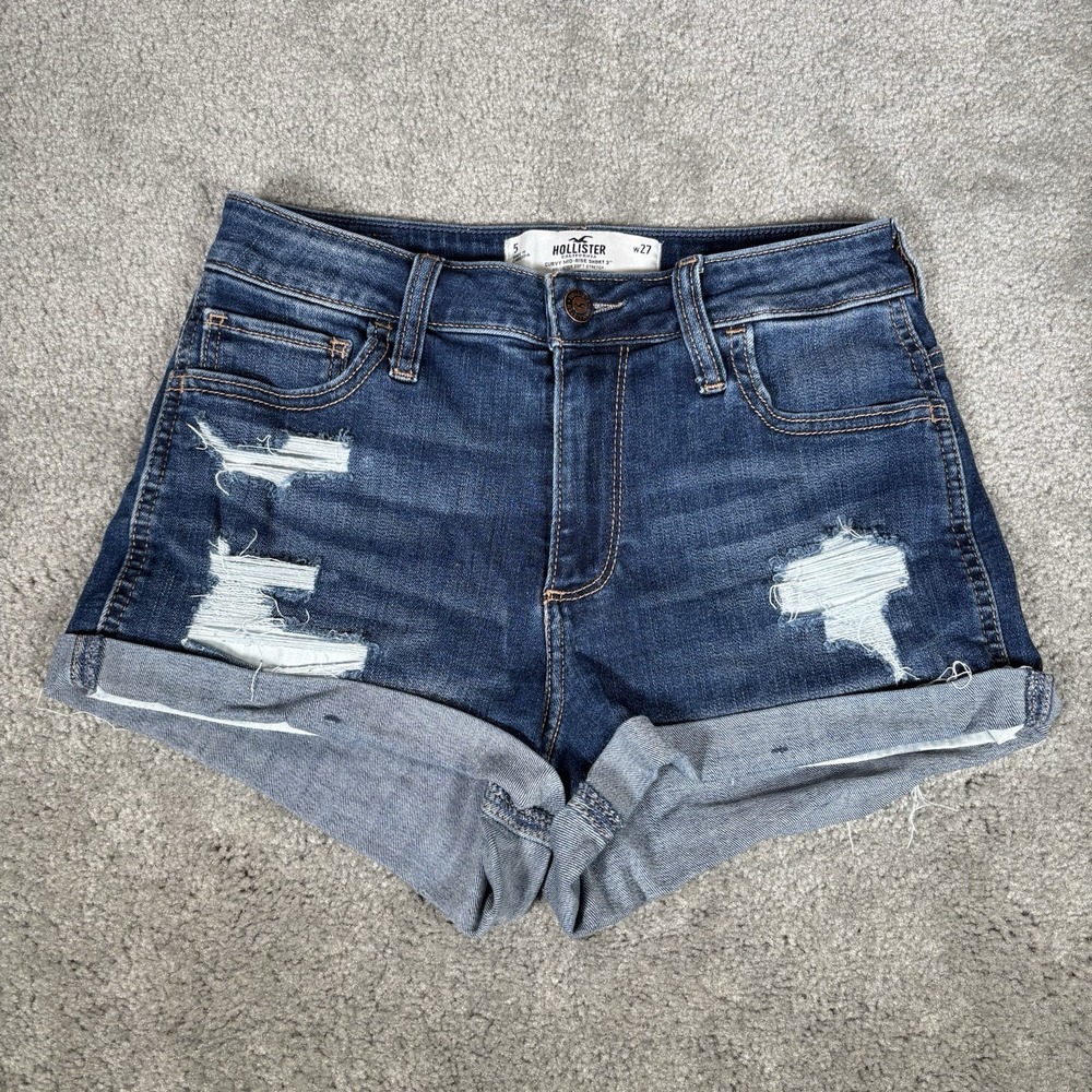 Hollister Jean Shorts Womens 5 W27 Curvy Mid Rise Dark Blue Denim Distressed Y2K